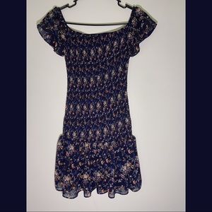 nwot, never worn navy blue floral smocked off the shoulder dress with ruffle hem